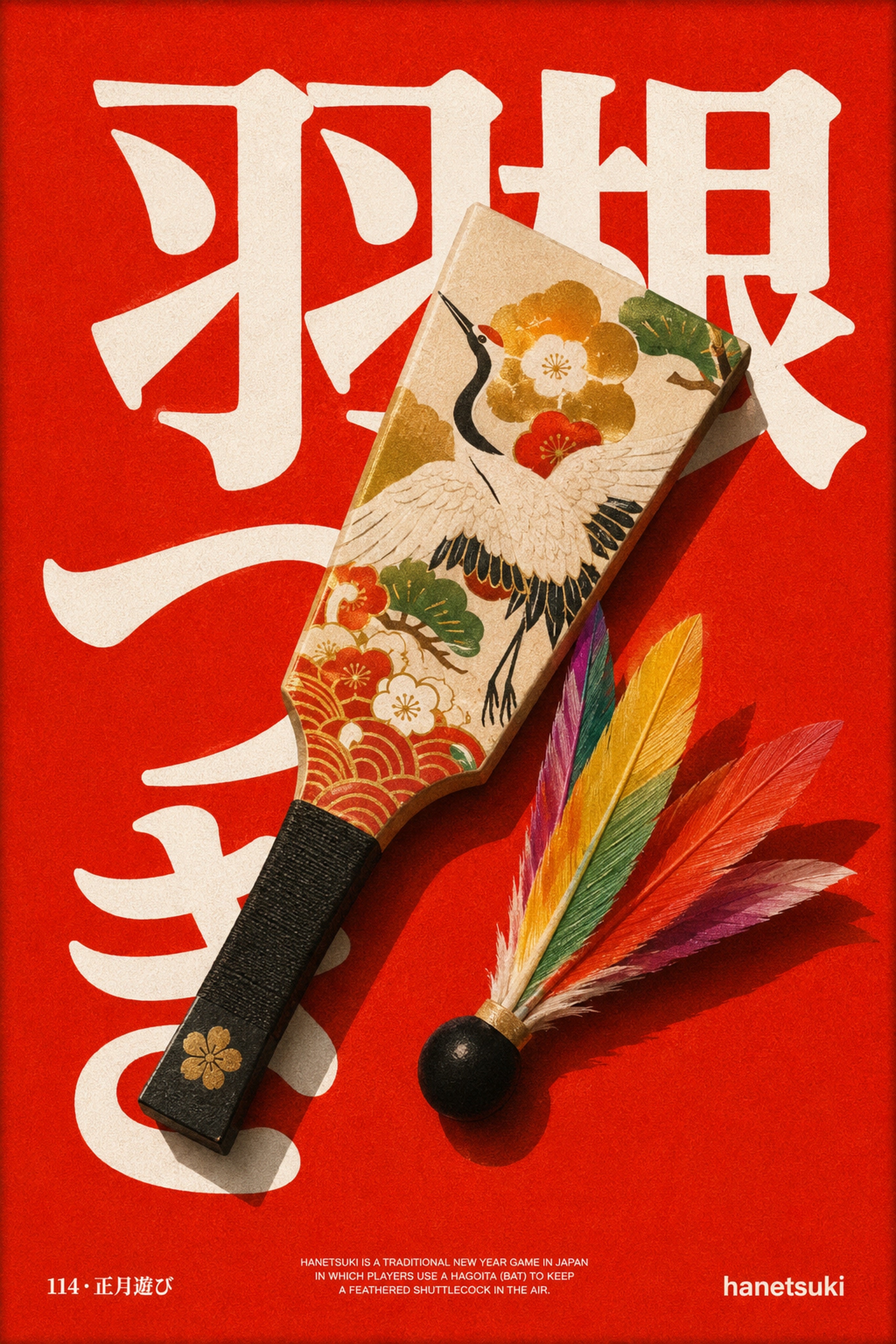 Vibrant Red Japanese Hanetsuki Wall Art Print, Elegant Crane & Floral Decor Poster in Multiple Sizes