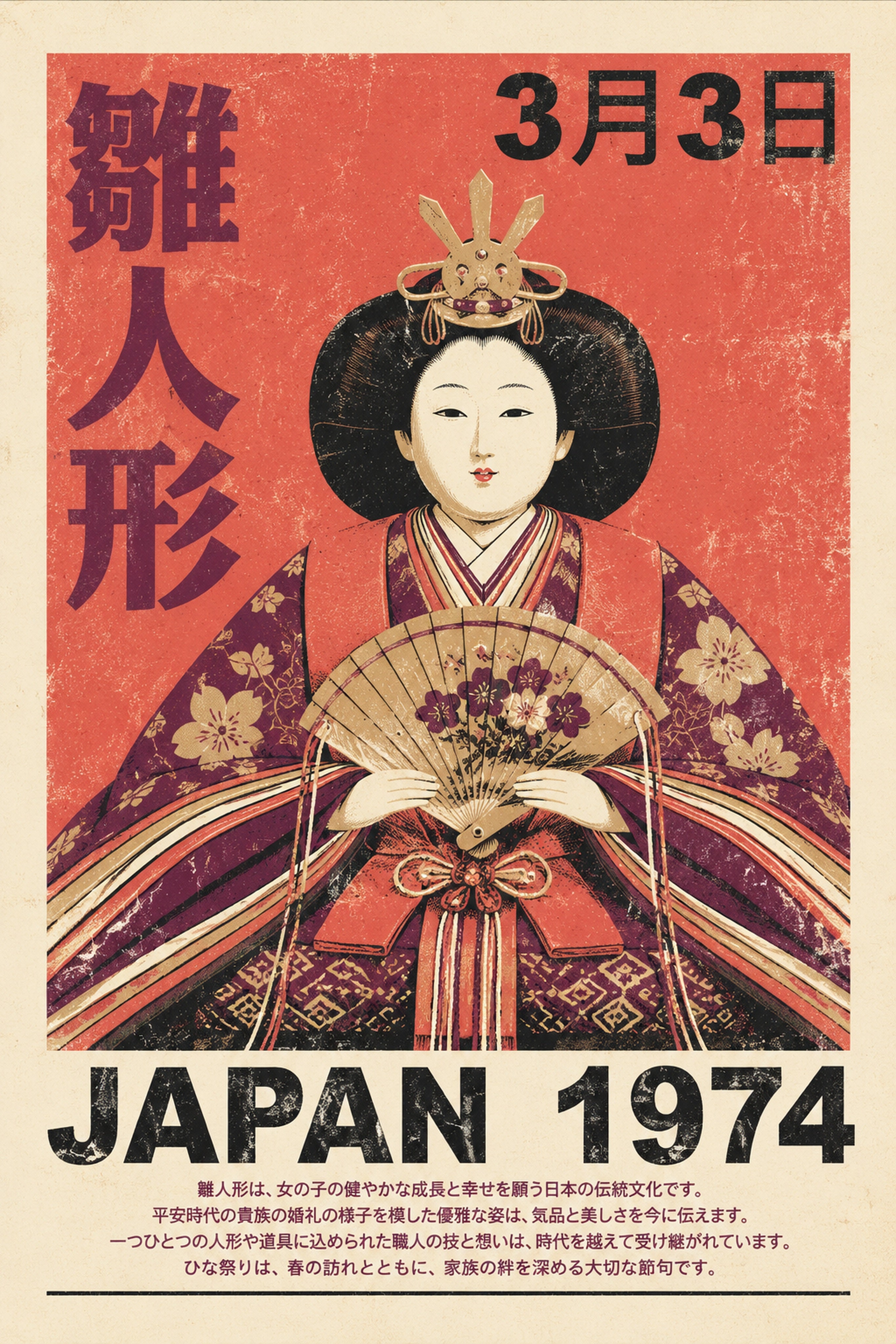 Vintage Hina Doll Poster, Japan 1974 Empress Wall Art, Retro Japanese Decor in Various Sizes
