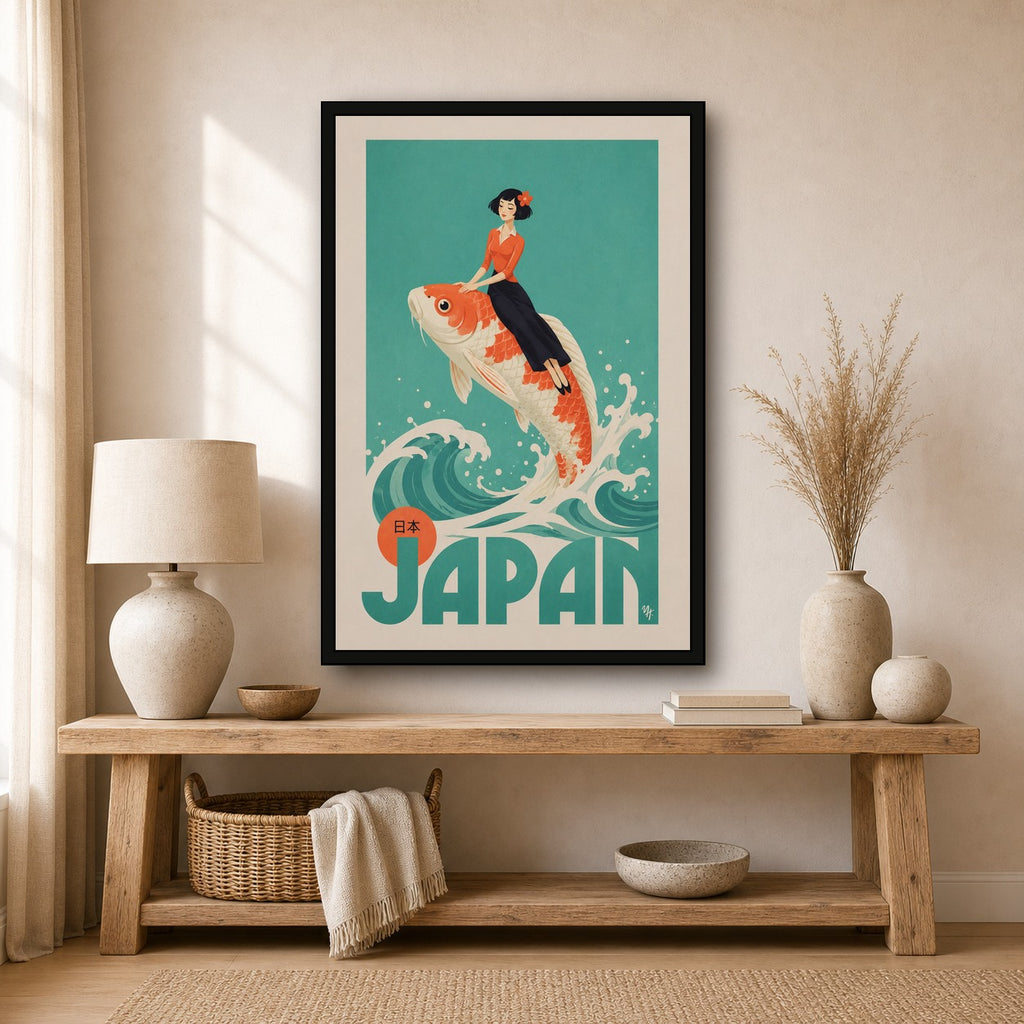 Vintage Japan Travel Poster, Koi Fish Wall Art, Retro Japanese Print with a Gentlewoman - 2x3 room mockup
