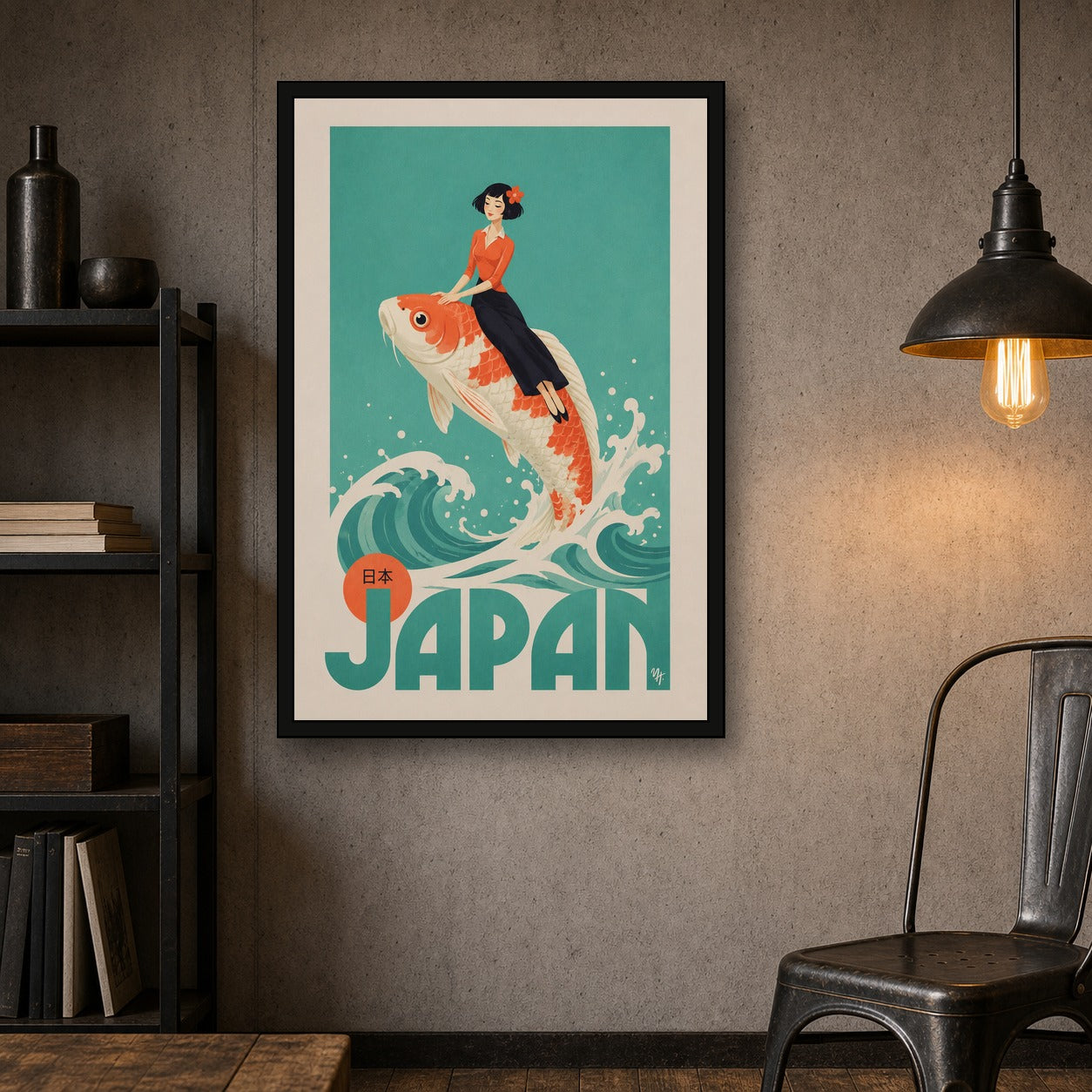 Vintage Japan Travel Poster, Koi Fish Wall Art, Retro Japanese Print with a Gentlewoman - 2x3 room mockup