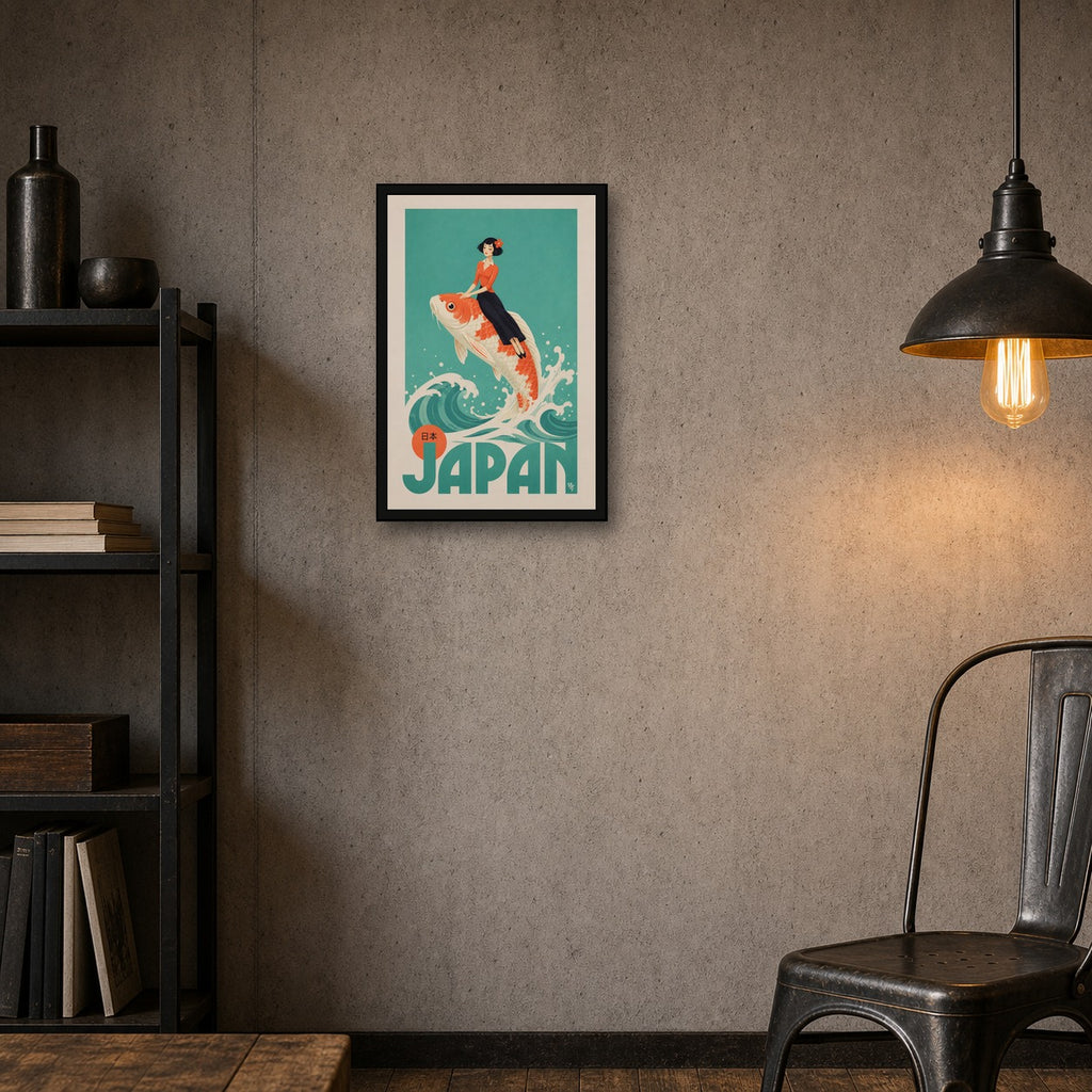 Vintage Japan Travel Poster, Koi Fish Wall Art, Retro Japanese Print with a Gentlewoman - 2x3 room mockup