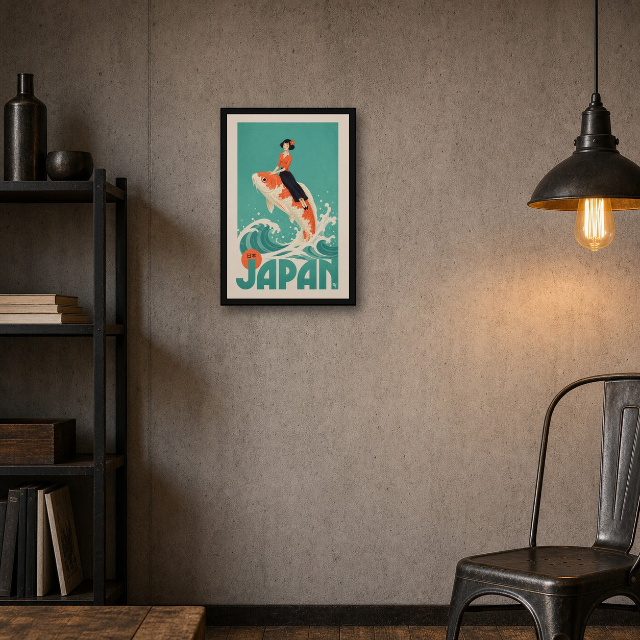 Vintage Japan Travel Poster, Koi Fish Wall Art, Retro Japanese Print with a Gentlewoman - 2x3 room mockup