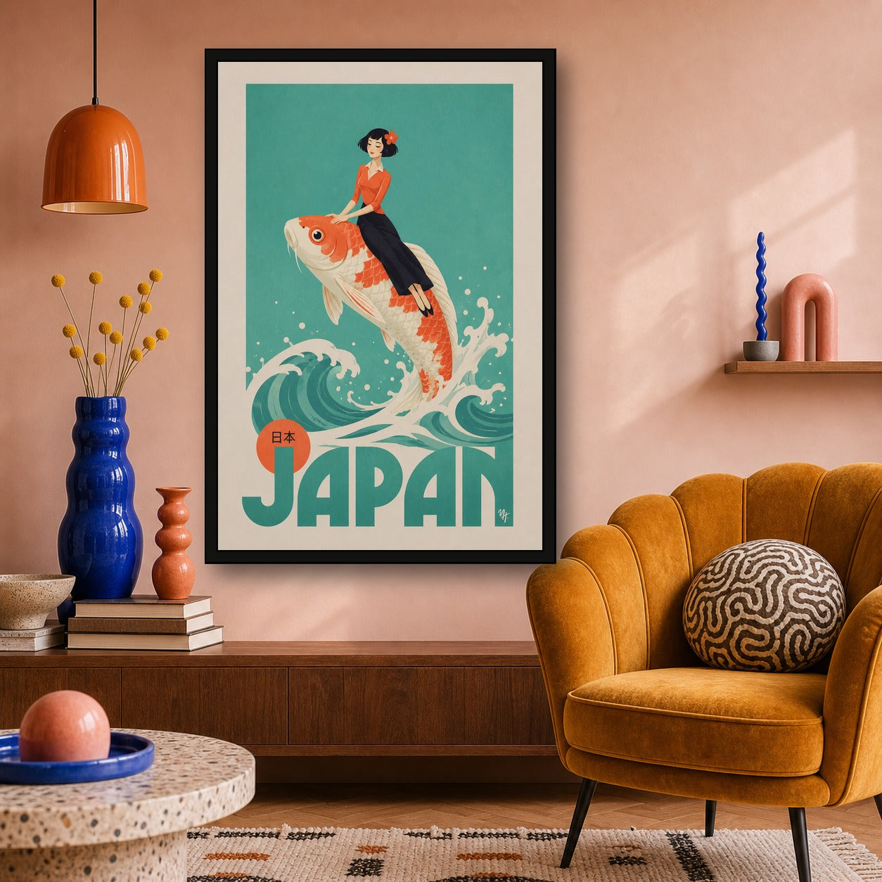 Vintage Japan Travel Poster, Koi Fish Wall Art, Retro Japanese Print with a Gentlewoman - 2x3 room mockup