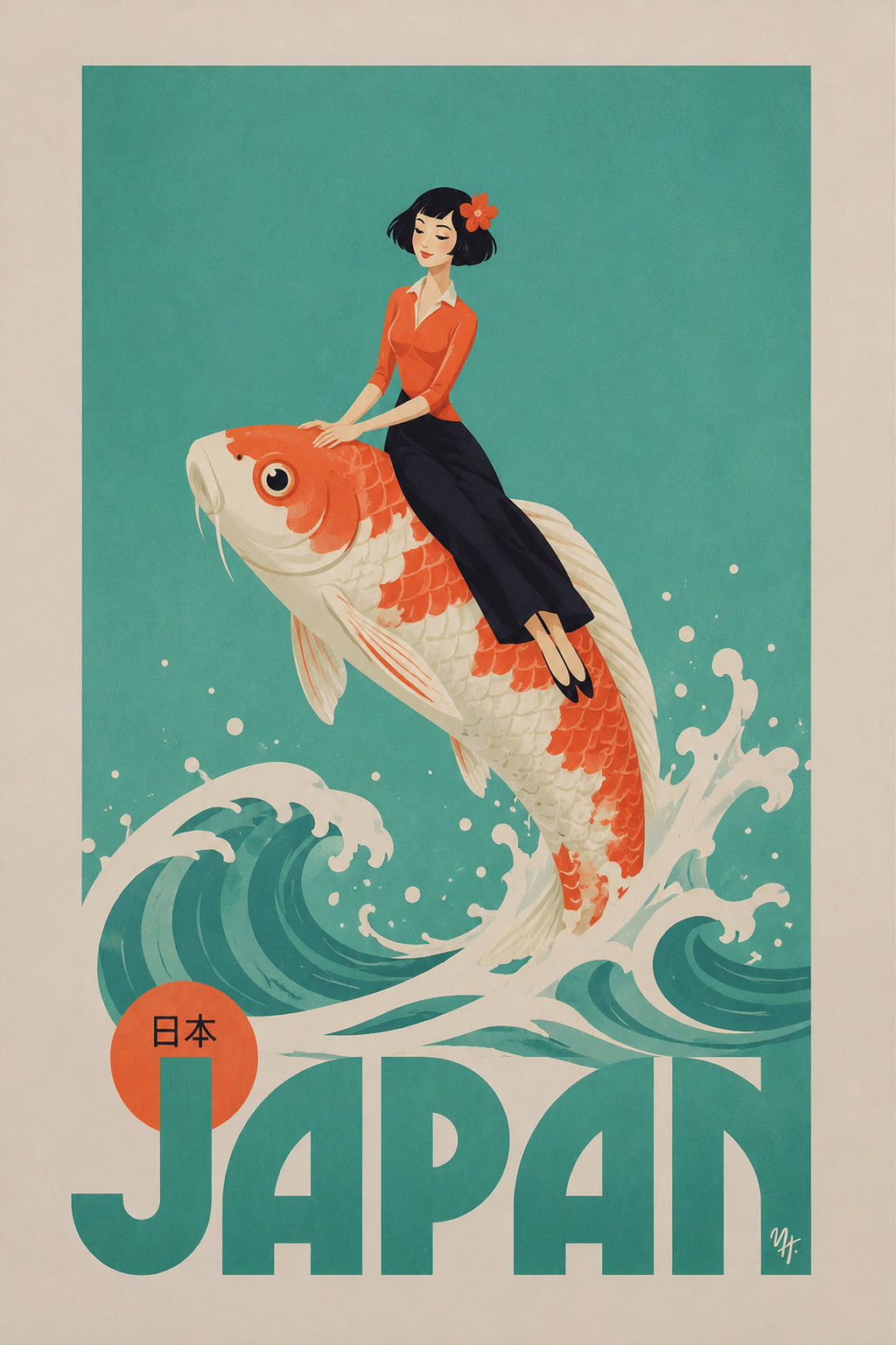 Vintage Japan Travel Poster, Koi Fish Wall Art, Retro Japanese Print with a Gentlewoman