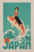 Vintage Japan Travel Poster, Koi Fish Wall Art, Retro Japanese Print with a Gentlewoman