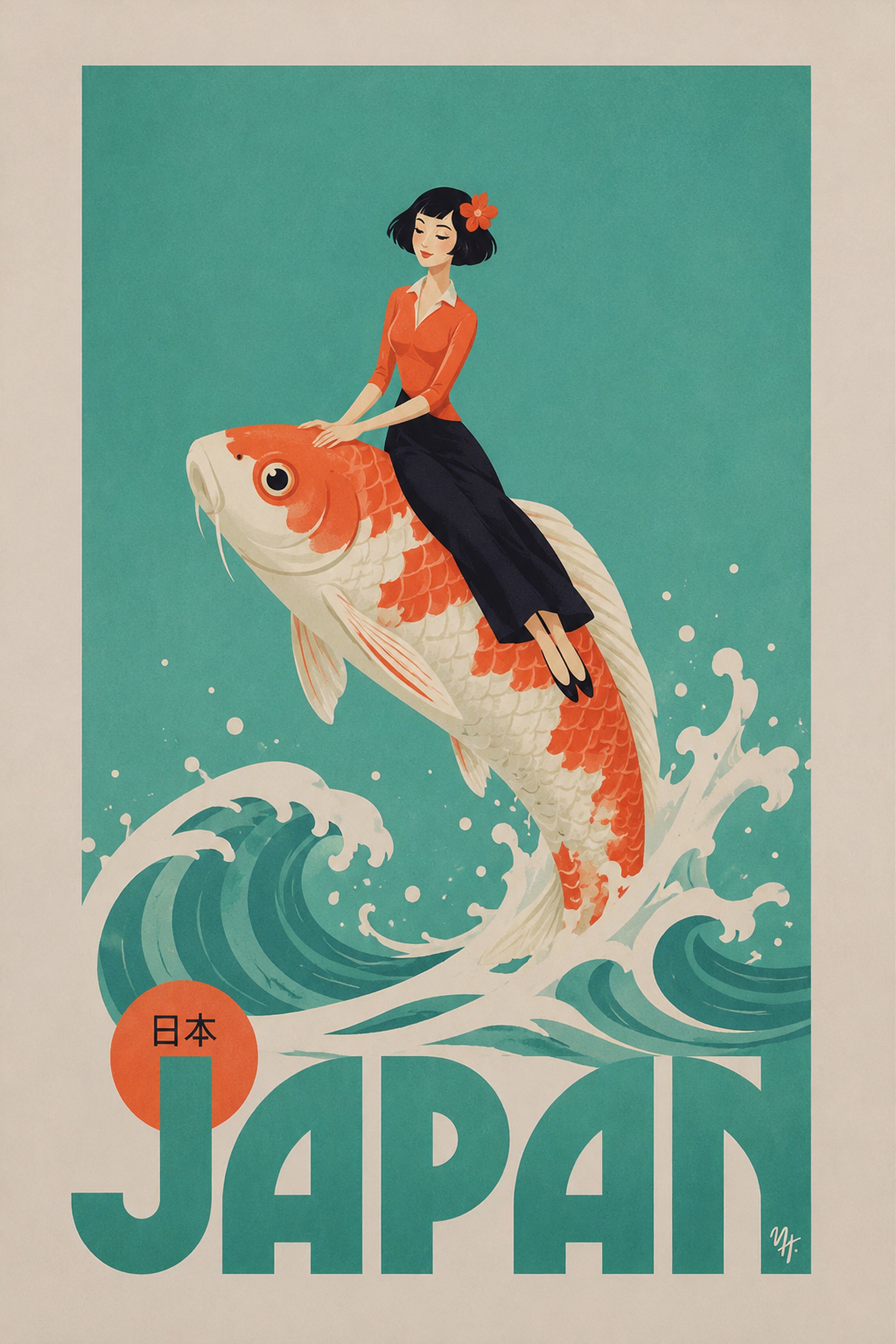 Vintage Japan Travel Poster, Koi Fish Wall Art, Retro Japanese Print with a Gentlewoman