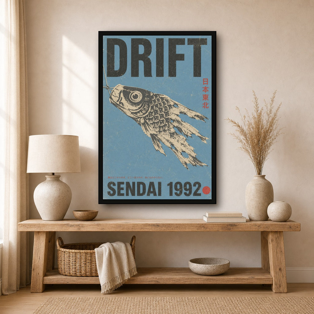 Vintage Japanese 'Drift' Sendai Poster, Koinobori Fish Wall Art, Blue & Black Aesthetic Print - 2x3 room mockup
