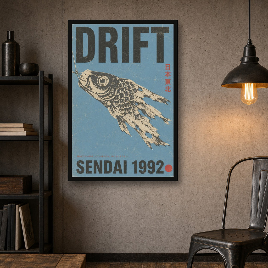 Vintage Japanese 'Drift' Sendai Poster, Koinobori Fish Wall Art, Blue & Black Aesthetic Print - 2x3 room mockup