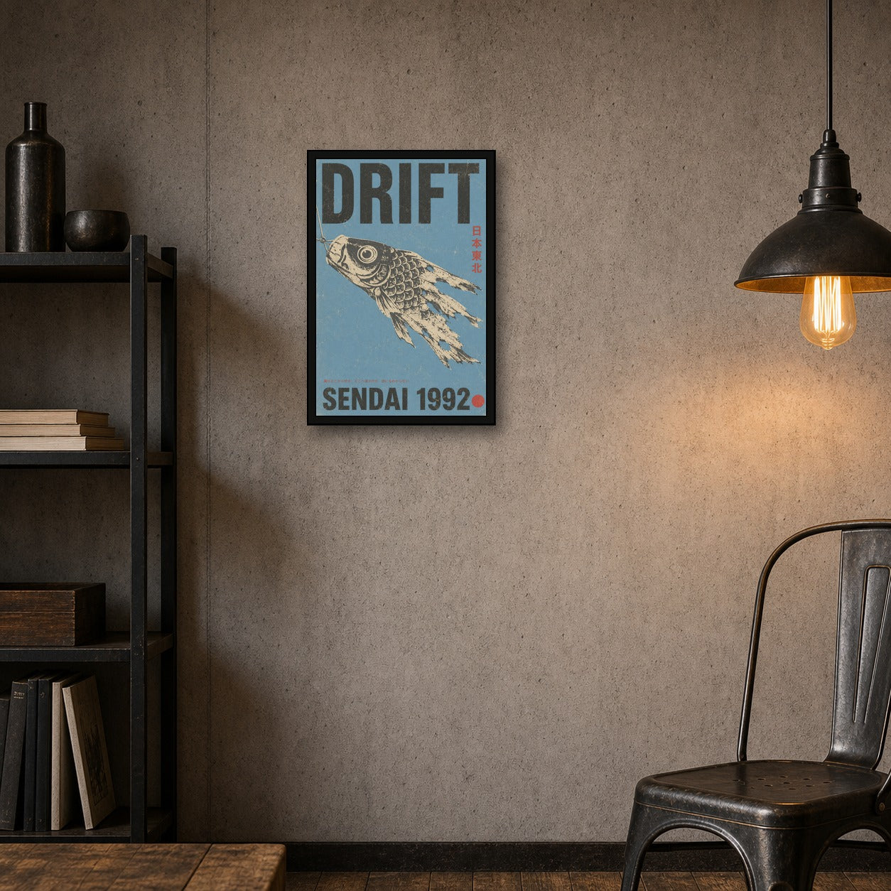 Vintage Japanese 'Drift' Sendai Poster, Koinobori Fish Wall Art, Blue & Black Aesthetic Print - 2x3 room mockup