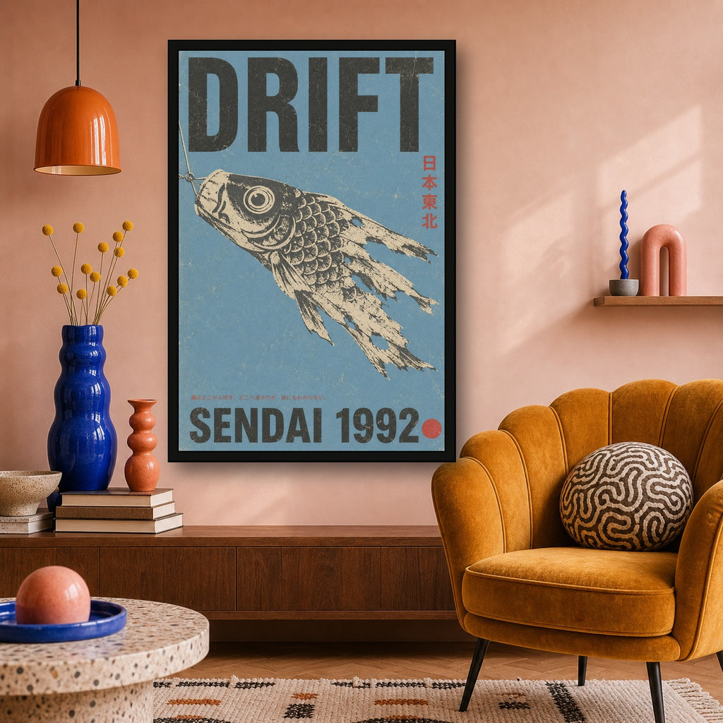 Vintage Japanese 'Drift' Sendai Poster, Koinobori Fish Wall Art, Blue & Black Aesthetic Print - 2x3 room mockup