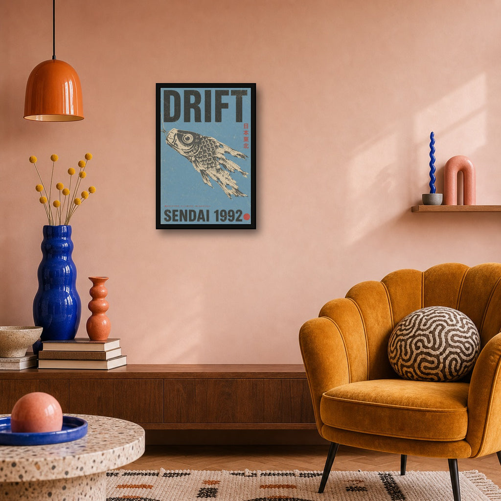 Vintage Japanese 'Drift' Sendai Poster, Koinobori Fish Wall Art, Blue & Black Aesthetic Print - 2x3 room mockup