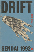Vintage Japanese 'Drift' Sendai Poster, Koinobori Fish Wall Art, Blue & Black Aesthetic Print