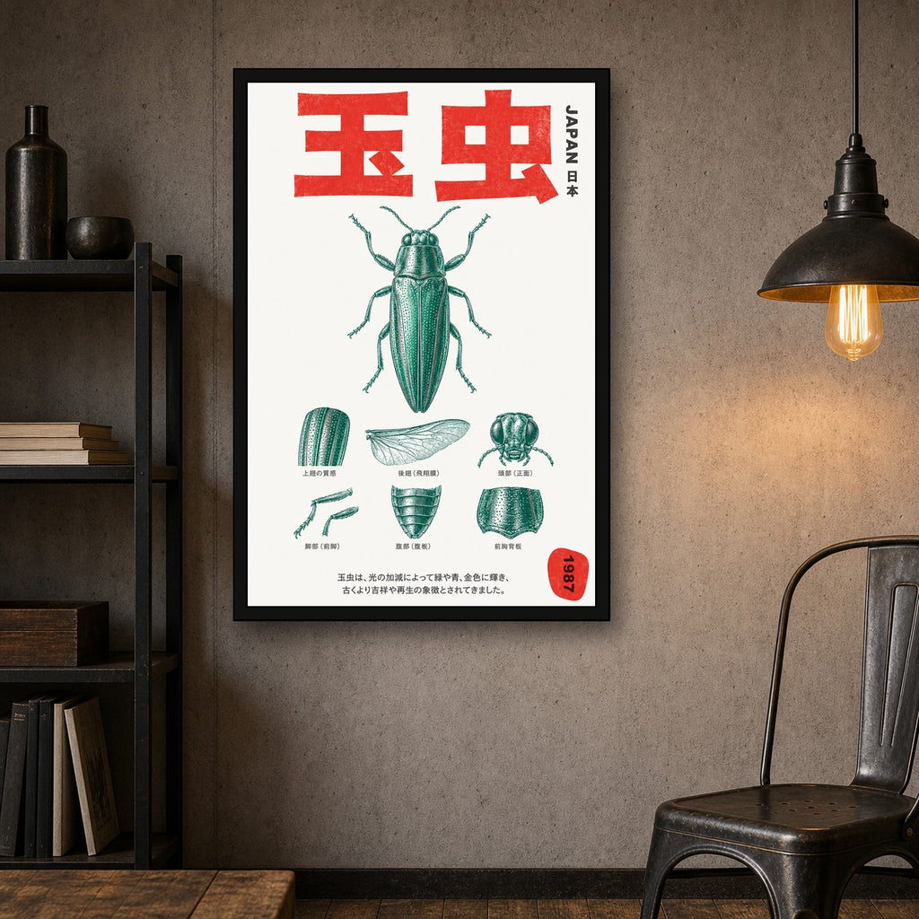Vintage Japanese Jewel Beetle Anatomy Print, Vibrant Mid-Century Modern Entomology Wall Art, in Your Choice of Six Sizes - 2x3 room mockup