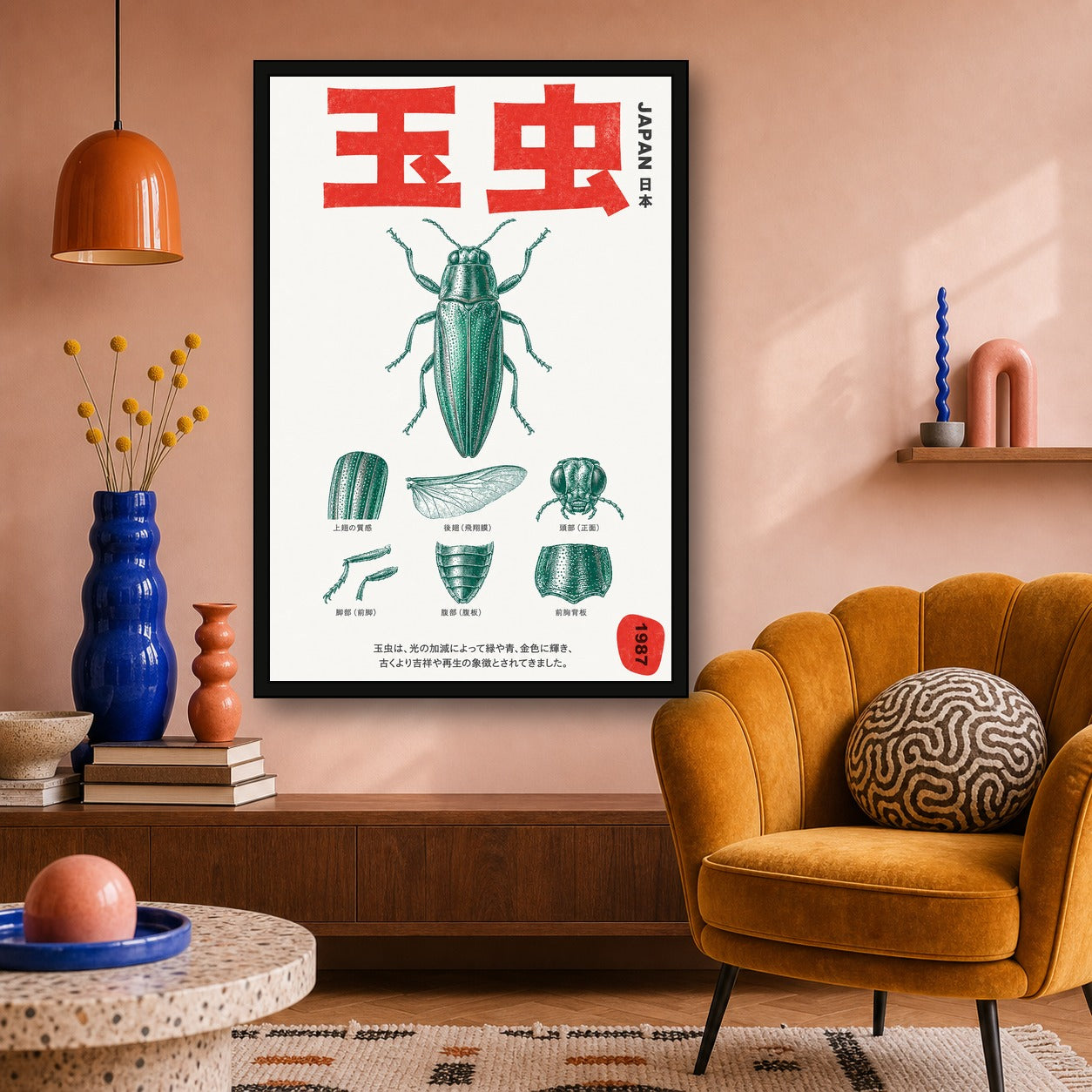 Vintage Japanese Jewel Beetle Anatomy Print, Vibrant Mid-Century Modern Entomology Wall Art, in Your Choice of Six Sizes - 2x3 room mockup