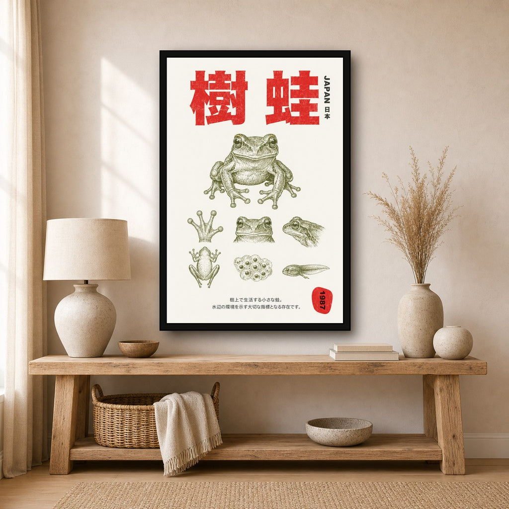 Vintage Japanese Tree Frog Poster, Retro Japan Nature Wall Art, Amphibian Print in Various Sizes - 2x3 room mockup