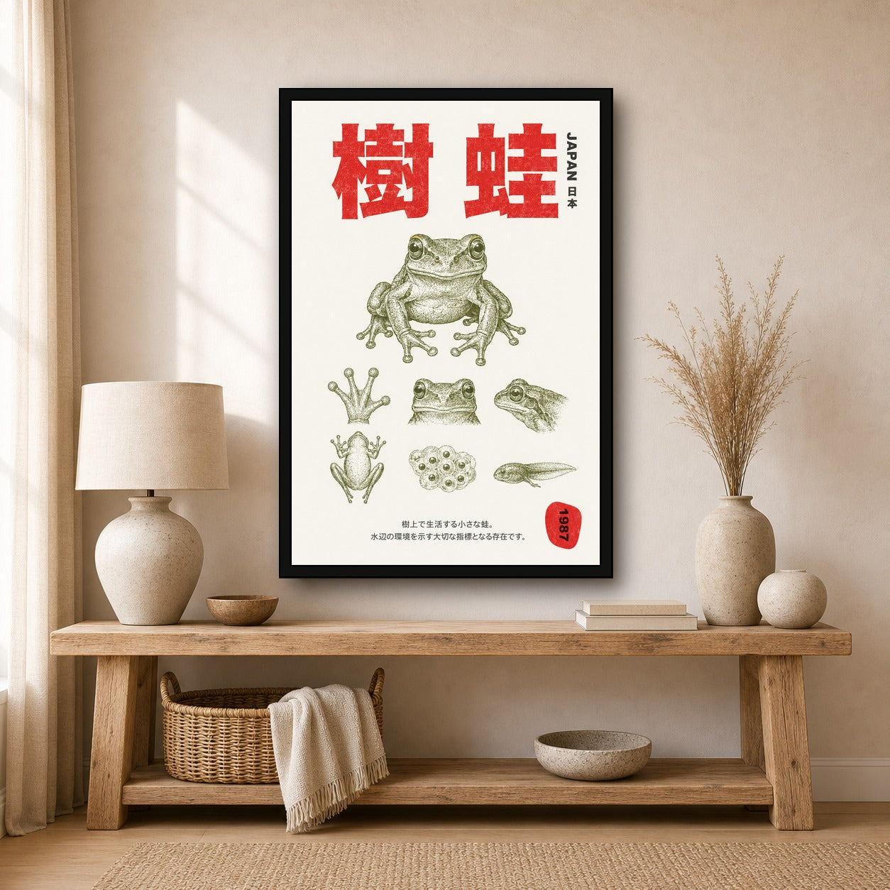 Vintage Japanese Tree Frog Poster, Retro Japan Nature Wall Art, Amphibian Print in Various Sizes - 2x3 room mockup