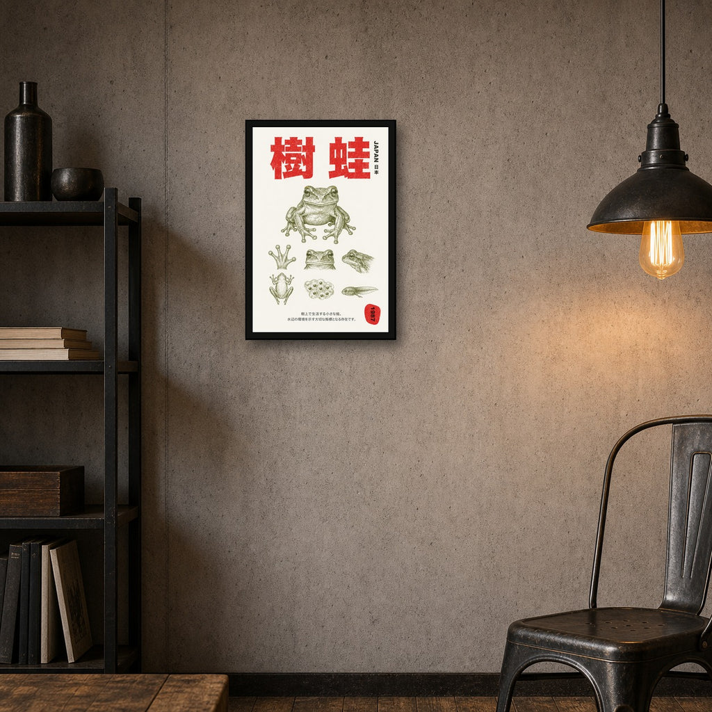 Vintage Japanese Tree Frog Poster, Retro Japan Nature Wall Art, Amphibian Print in Various Sizes - 2x3 room mockup