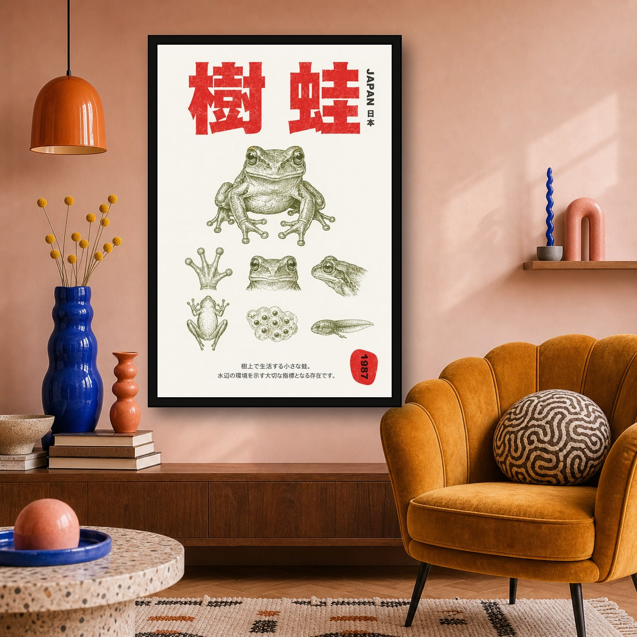 Vintage Japanese Tree Frog Poster, Retro Japan Nature Wall Art, Amphibian Print in Various Sizes - 2x3 room mockup