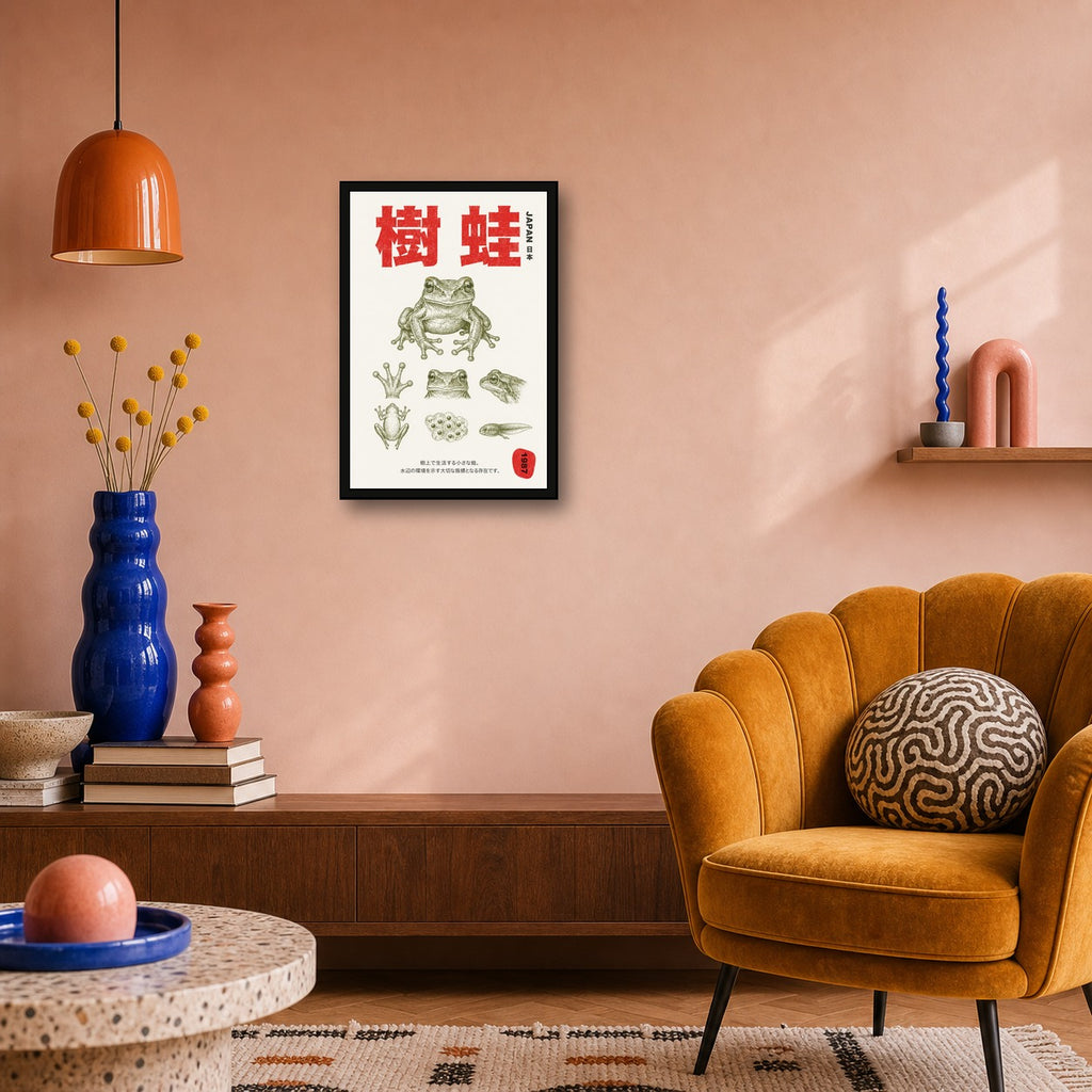 Vintage Japanese Tree Frog Poster, Retro Japan Nature Wall Art, Amphibian Print in Various Sizes - 2x3 room mockup