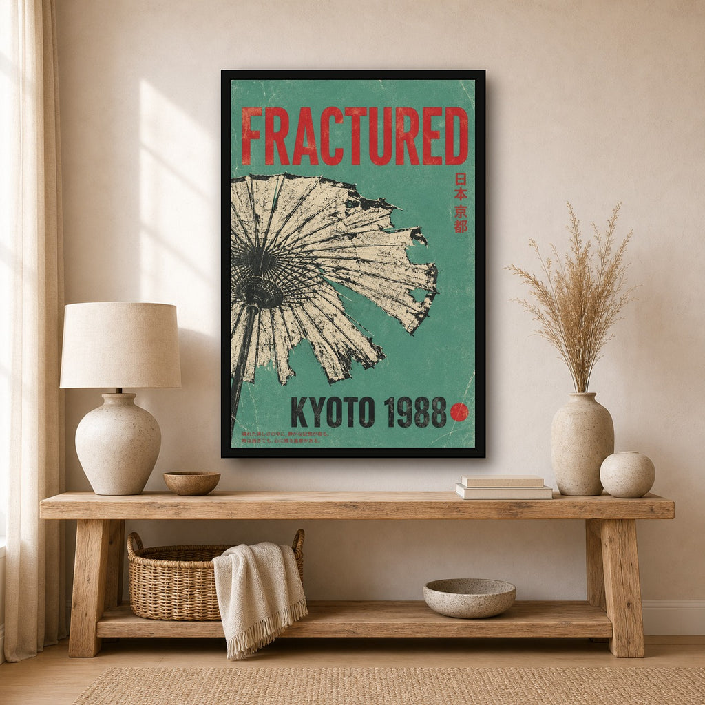 Vintage Kyoto 1988 Art Print - Fractured Japanese Umbrella Poster, Teal & Red Aesthetic Japan Travel Wall Art - 2x3 room mockup