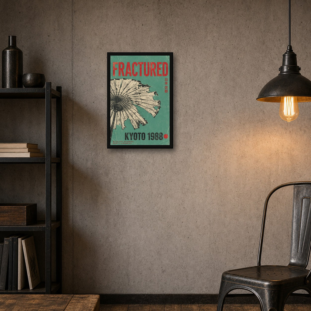 Vintage Kyoto 1988 Art Print - Fractured Japanese Umbrella Poster, Teal & Red Aesthetic Japan Travel Wall Art - 2x3 room mockup