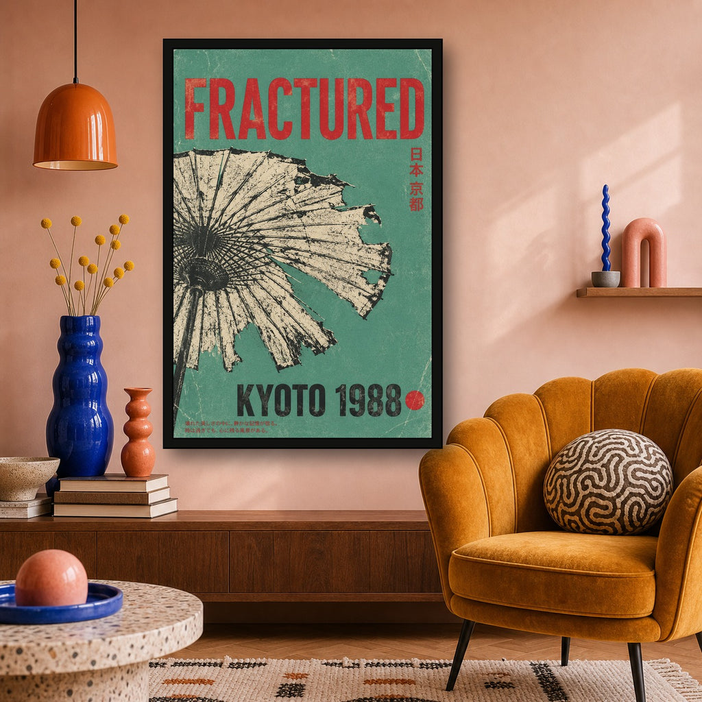 Vintage Kyoto 1988 Art Print - Fractured Japanese Umbrella Poster, Teal & Red Aesthetic Japan Travel Wall Art - 2x3 room mockup