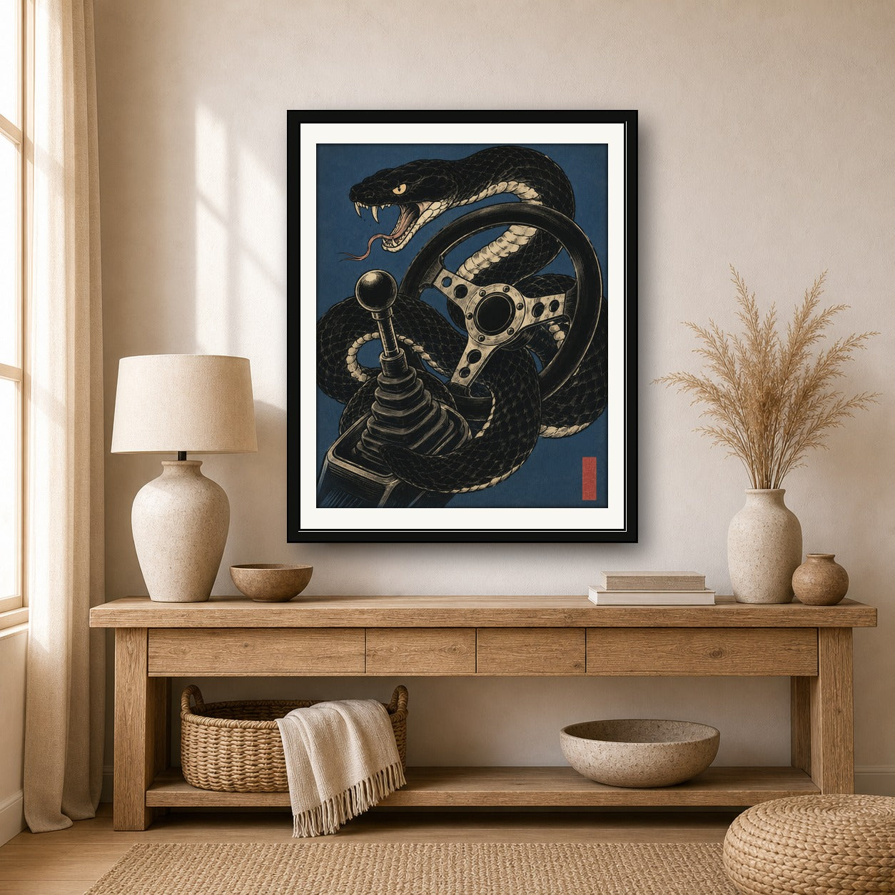 Viper Driver Japanese Art Print, Aggressive Snake & Car Gear Poster, JDM Wall Decor in Multiple Sizes - corrected 4x5 room mockup