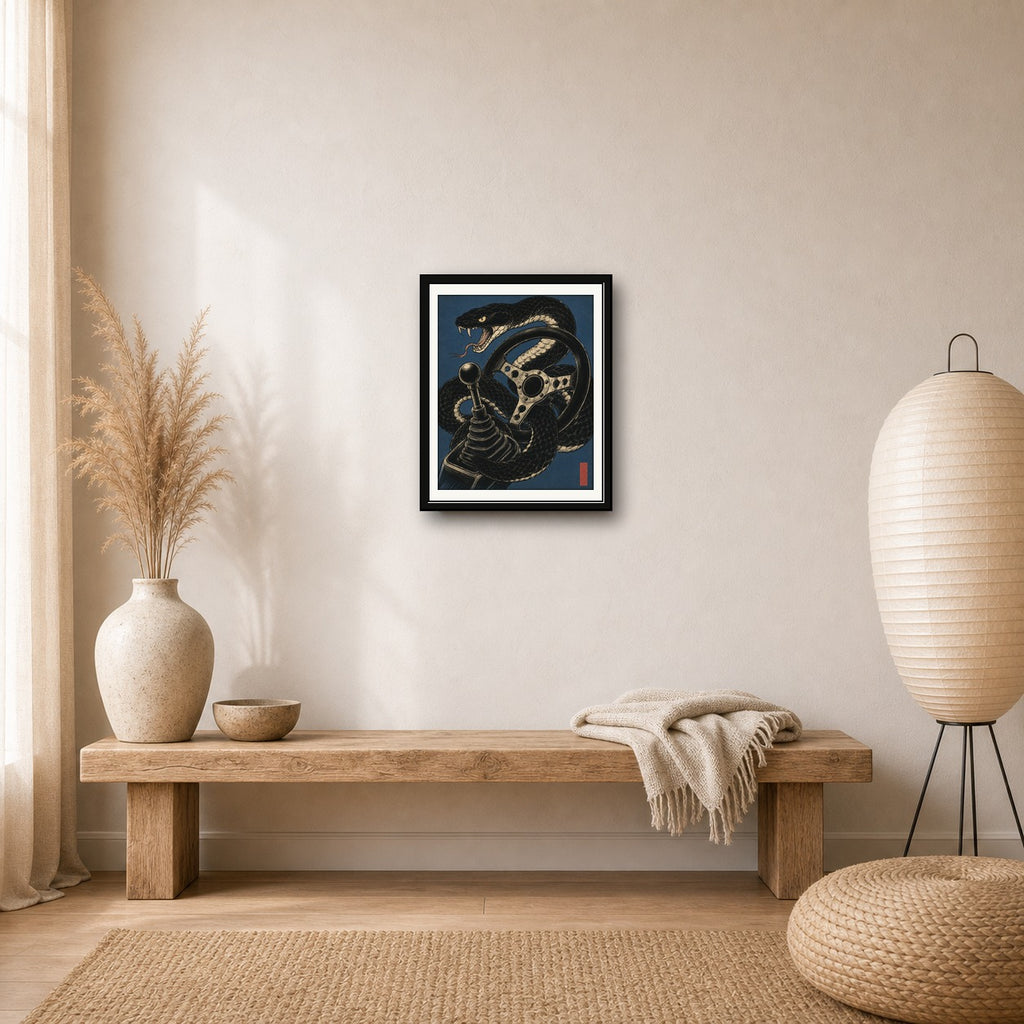 Viper Driver Japanese Art Print, Aggressive Snake & Car Gear Poster, JDM Wall Decor in Multiple Sizes - corrected 4x5 room mockup
