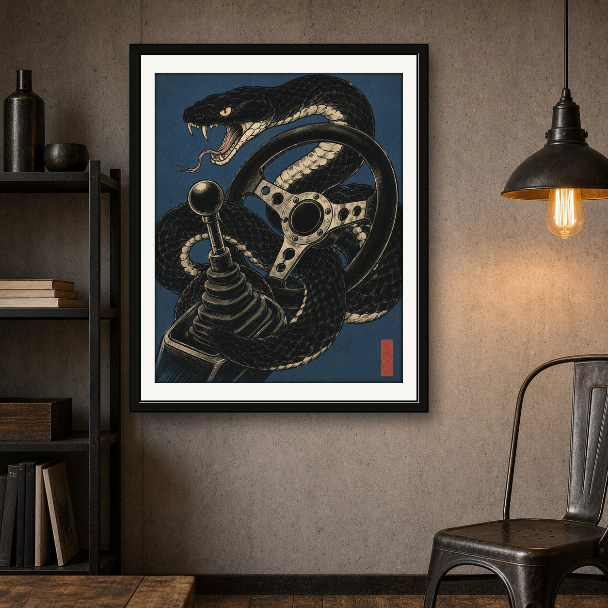 Viper Driver Japanese Art Print, Aggressive Snake & Car Gear Poster, JDM Wall Decor in Multiple Sizes - corrected 4x5 room mockup