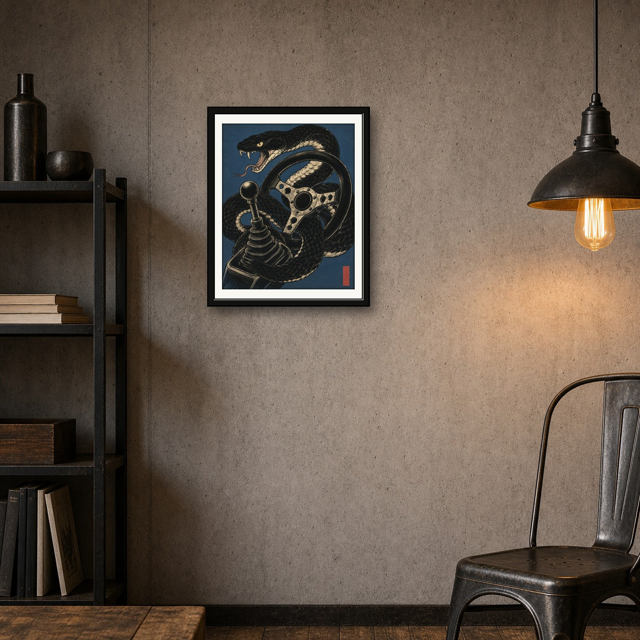 Viper Driver Japanese Art Print, Aggressive Snake & Car Gear Poster, JDM Wall Decor in Multiple Sizes - corrected 4x5 room mockup