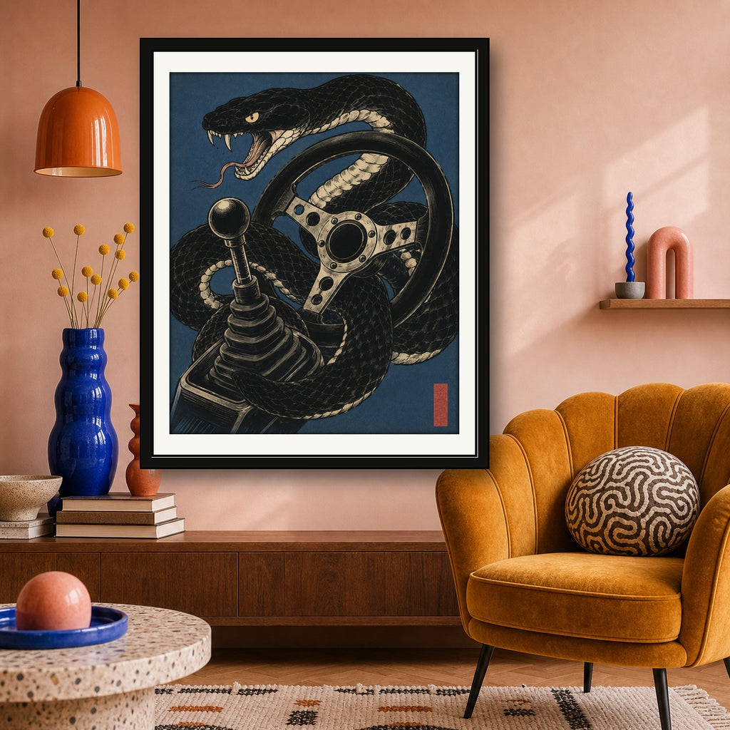 Viper Driver Japanese Art Print, Aggressive Snake & Car Gear Poster, JDM Wall Decor in Multiple Sizes - corrected 4x5 room mockup