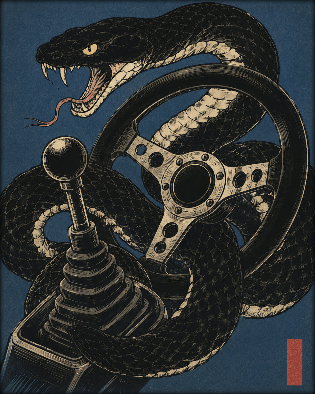Viper Driver Japanese Art Print, Aggressive Snake & Car Gear Poster, JDM Wall Decor in Multiple Sizes - corrected 4x5 flat artwork