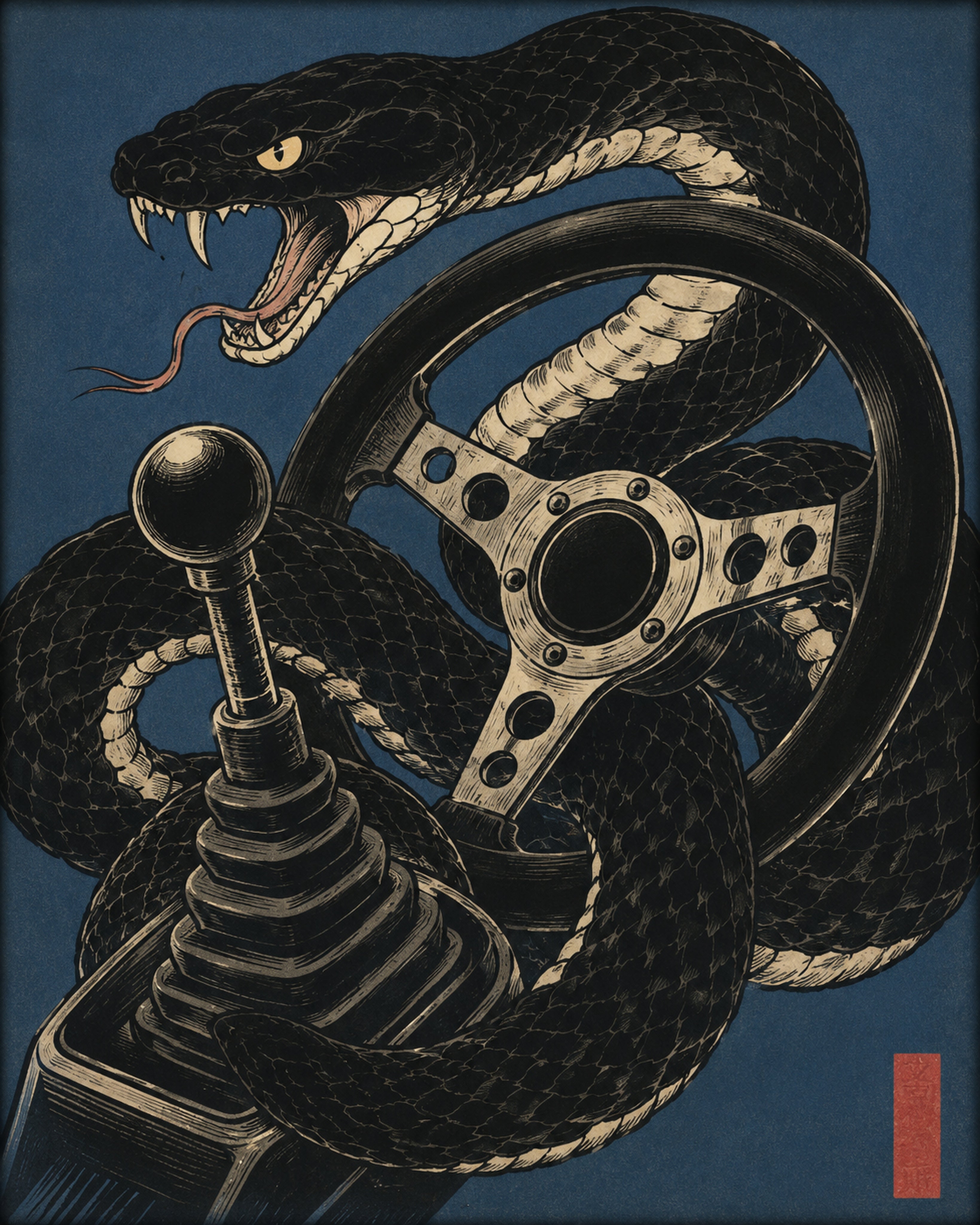 Viper Driver Japanese Art Print, Aggressive Snake & Car Gear Poster, JDM Wall Decor in Multiple Sizes - corrected 4x5 flat artwork
