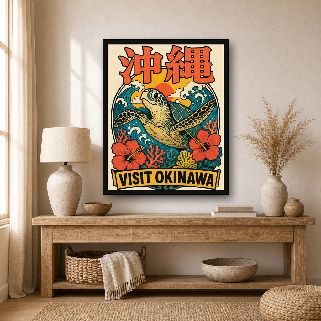 Large Visit Okinawa sea turtle poster in a neutral boho room