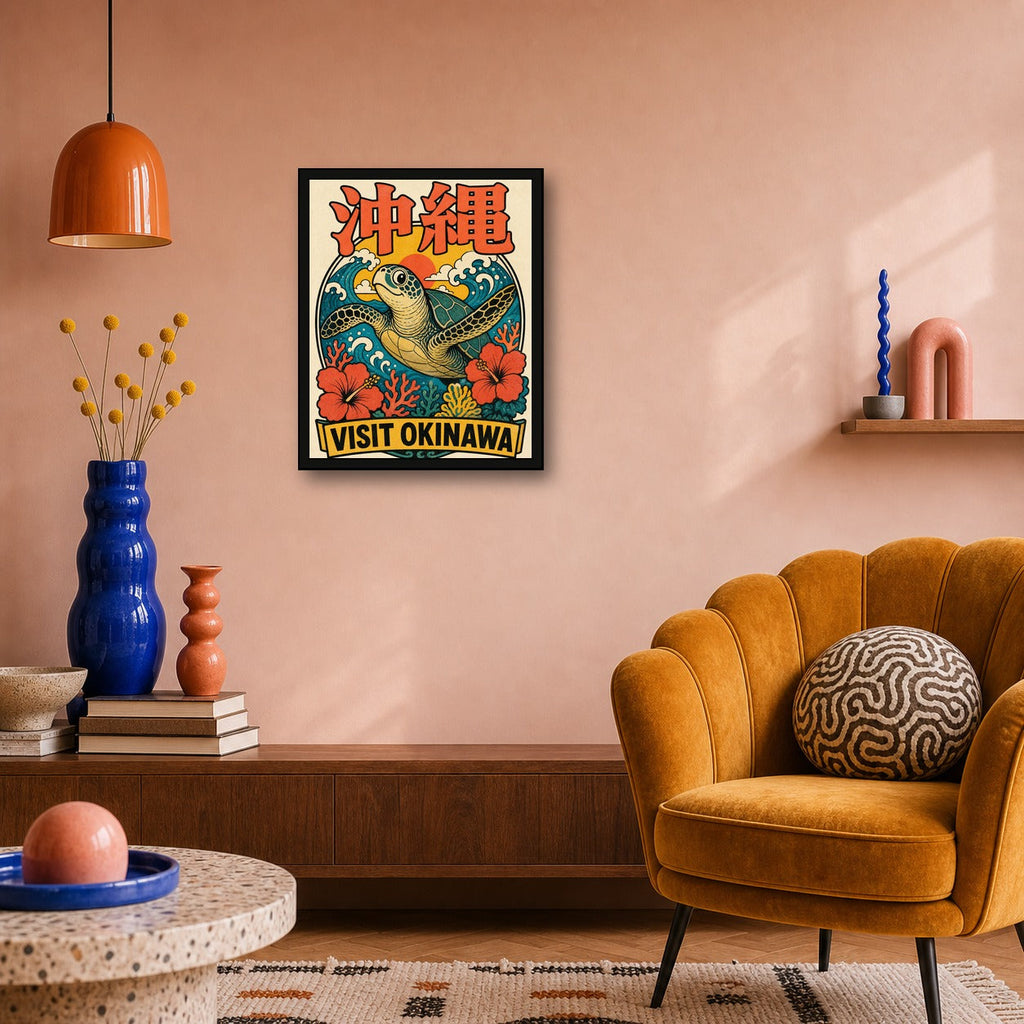 Visit Okinawa sea turtle poster in a colorful retro room