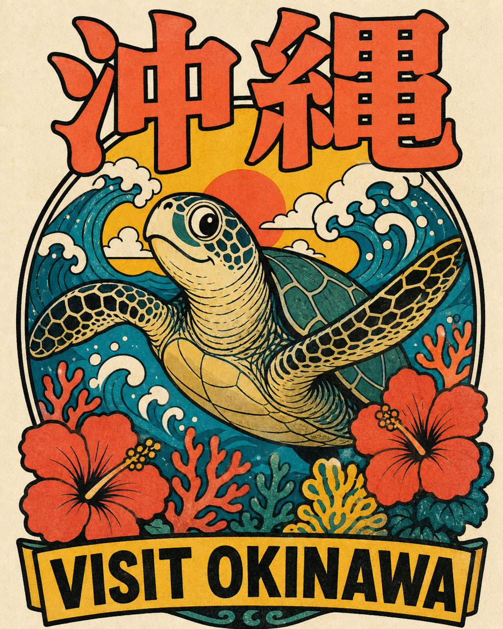 Visit Okinawa retro Japanese sea turtle travel poster