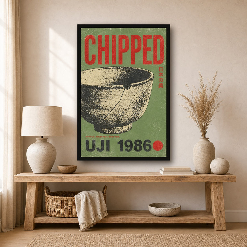 Wabi-Sabi Tea Bowl Poster, 'Chipped' Japanese Art Print, Rustic Green & Red Aesthetic Wall Decor - 2x3 room mockup