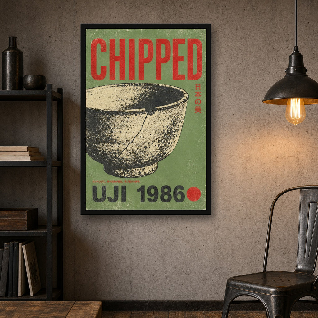 Wabi-Sabi Tea Bowl Poster, 'Chipped' Japanese Art Print, Rustic Green & Red Aesthetic Wall Decor - 2x3 room mockup