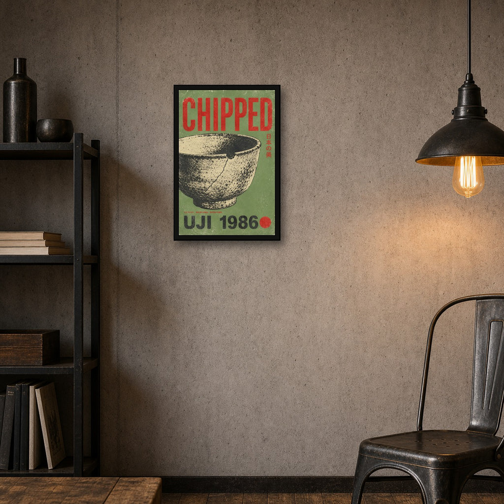 Wabi-Sabi Tea Bowl Poster, 'Chipped' Japanese Art Print, Rustic Green & Red Aesthetic Wall Decor - 2x3 room mockup