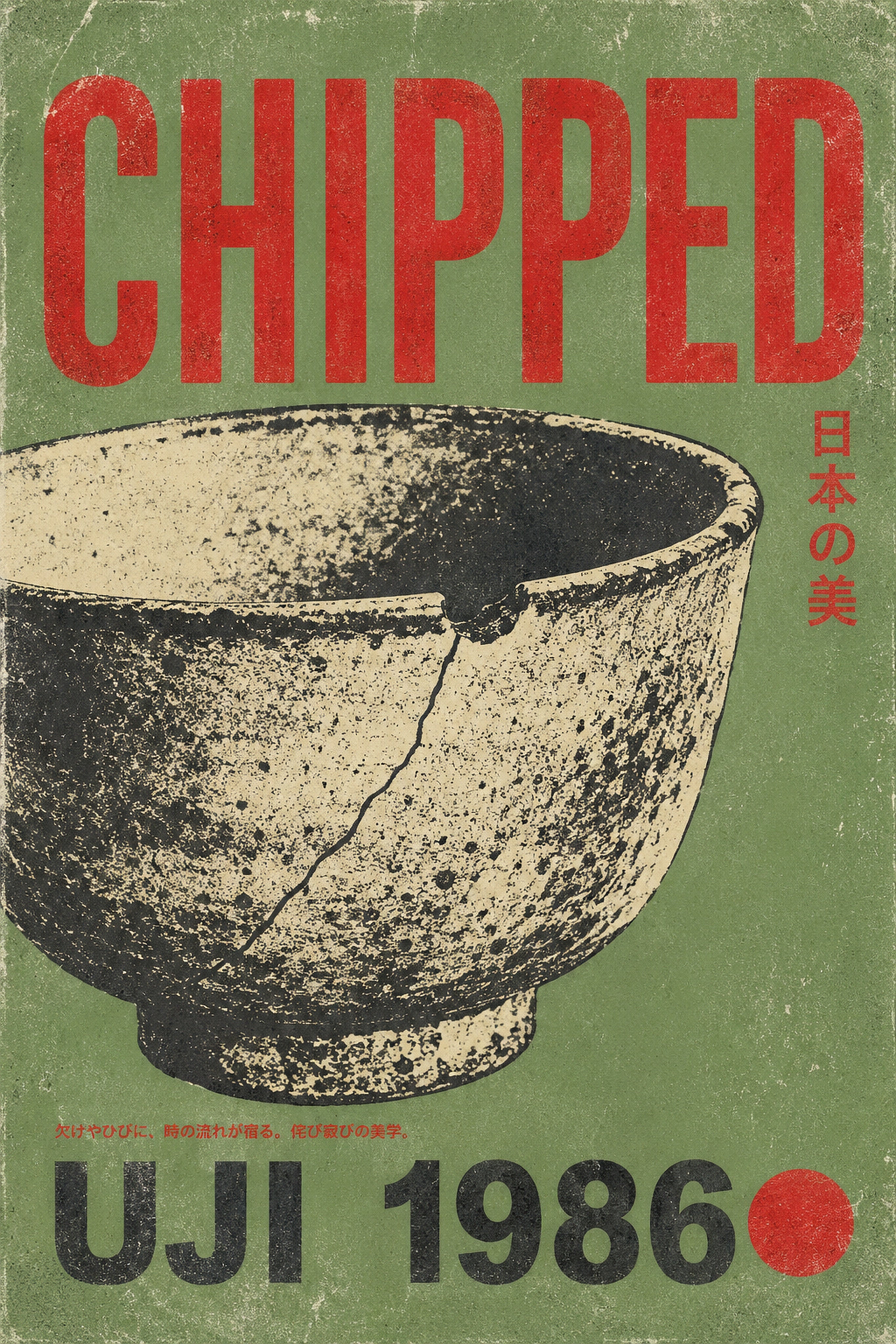 Wabi-Sabi Tea Bowl Poster, 'Chipped' Japanese Art Print, Rustic Green & Red Aesthetic Wall Decor