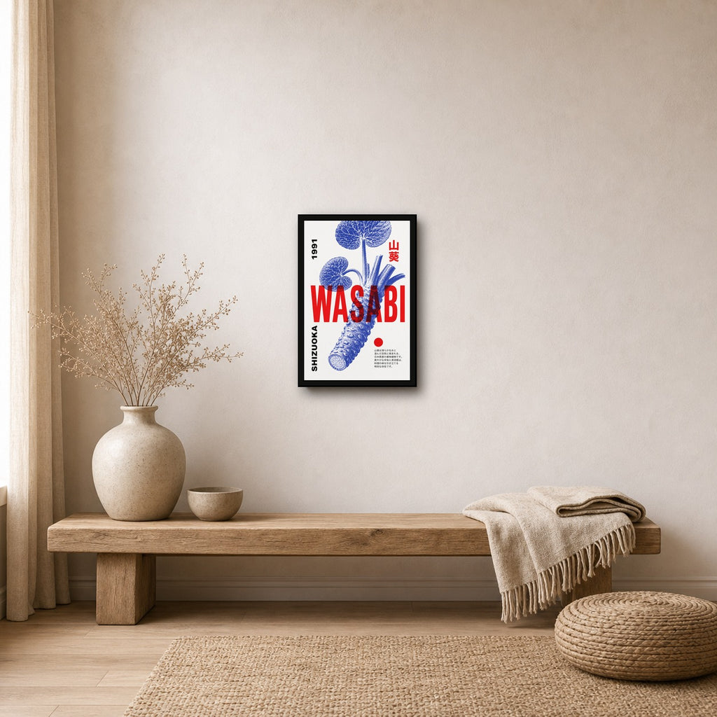 Wasabi Retro Japanese Art Print, Shizuoka Foodie Wall Decor in Vibrant Blue & Red, Various Sizes - 2x3 room mockup