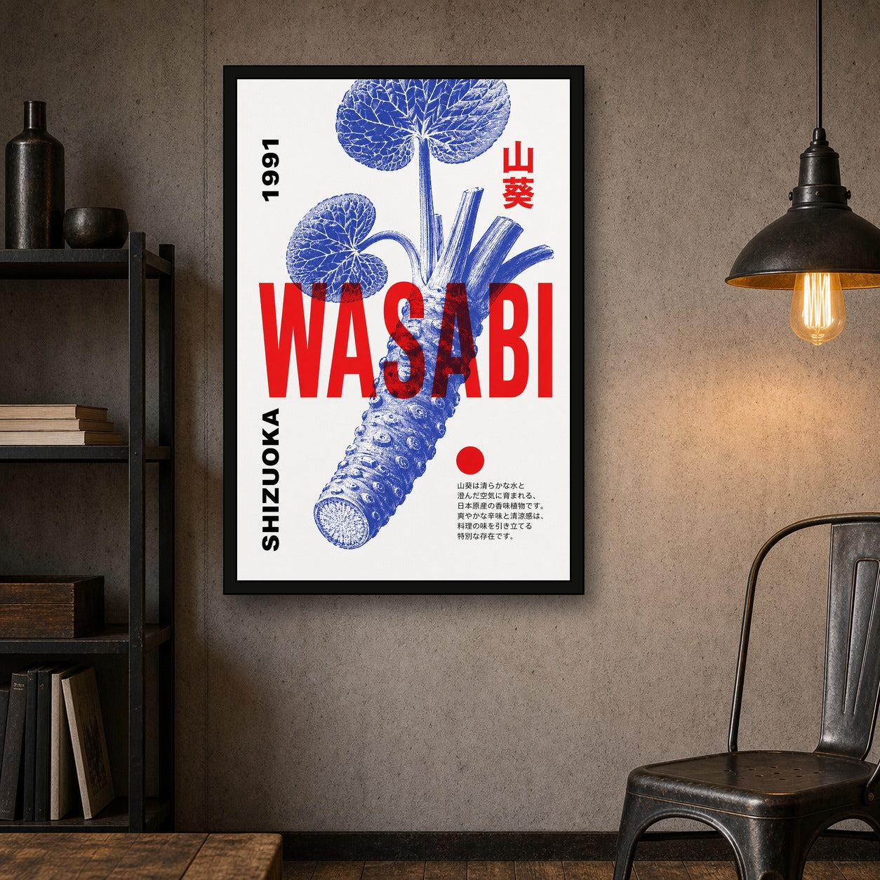 Wasabi Retro Japanese Art Print, Shizuoka Foodie Wall Decor in Vibrant Blue & Red, Various Sizes - 2x3 room mockup