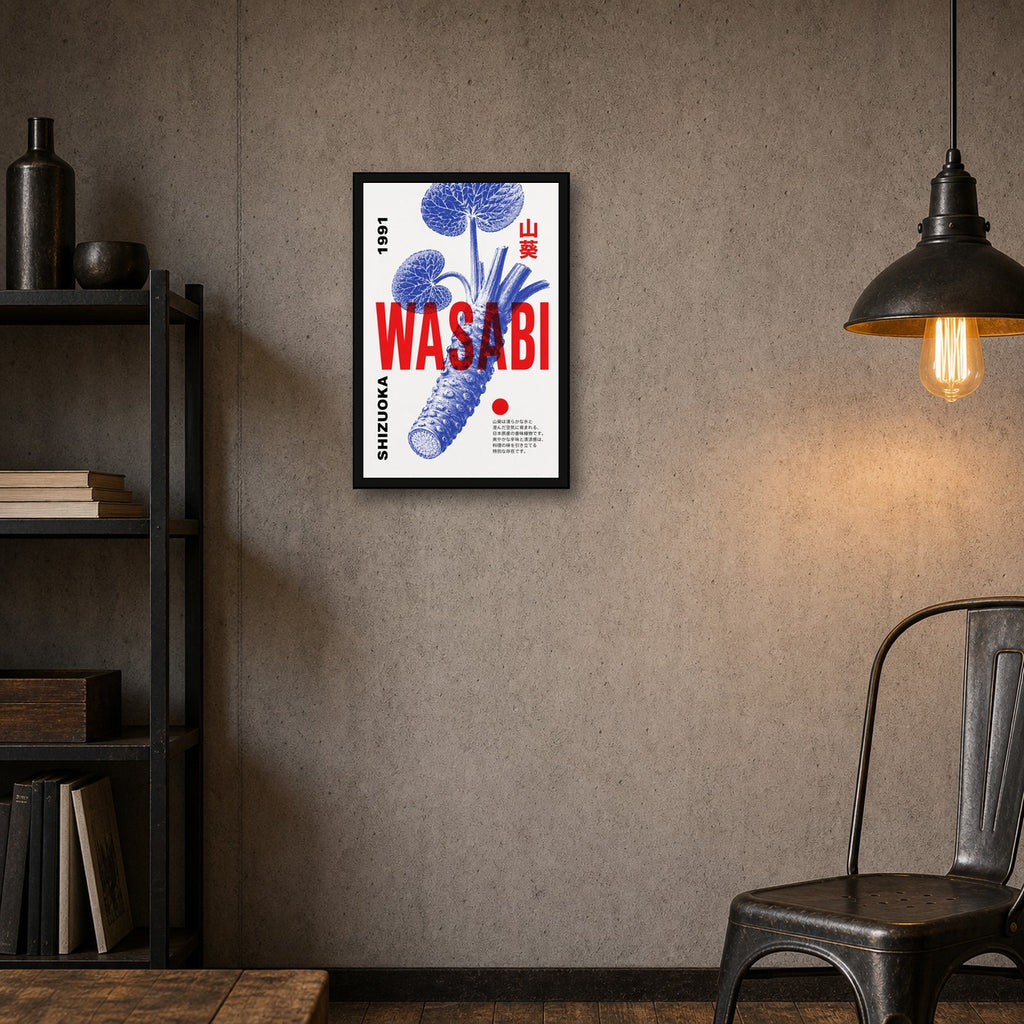 Wasabi Retro Japanese Art Print, Shizuoka Foodie Wall Decor in Vibrant Blue & Red, Various Sizes - 2x3 room mockup