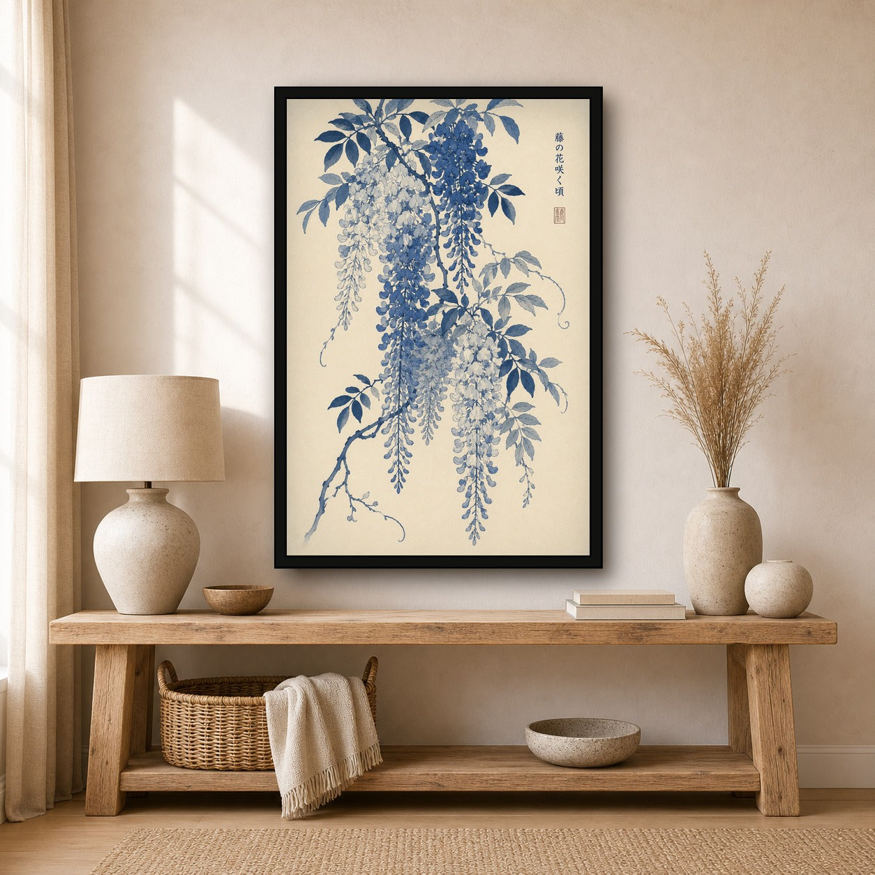 Wisteria Bloom Japan Wall Art, Pink & Blue Serene Botanical Poster, Japanese Floral Decor in Multiple Sizes - 2x3 room mockup