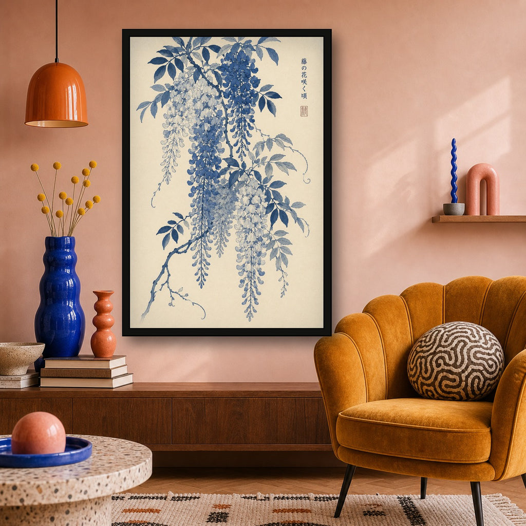 Wisteria Bloom Japan Wall Art, Pink & Blue Serene Botanical Poster, Japanese Floral Decor in Multiple Sizes - 2x3 room mockup