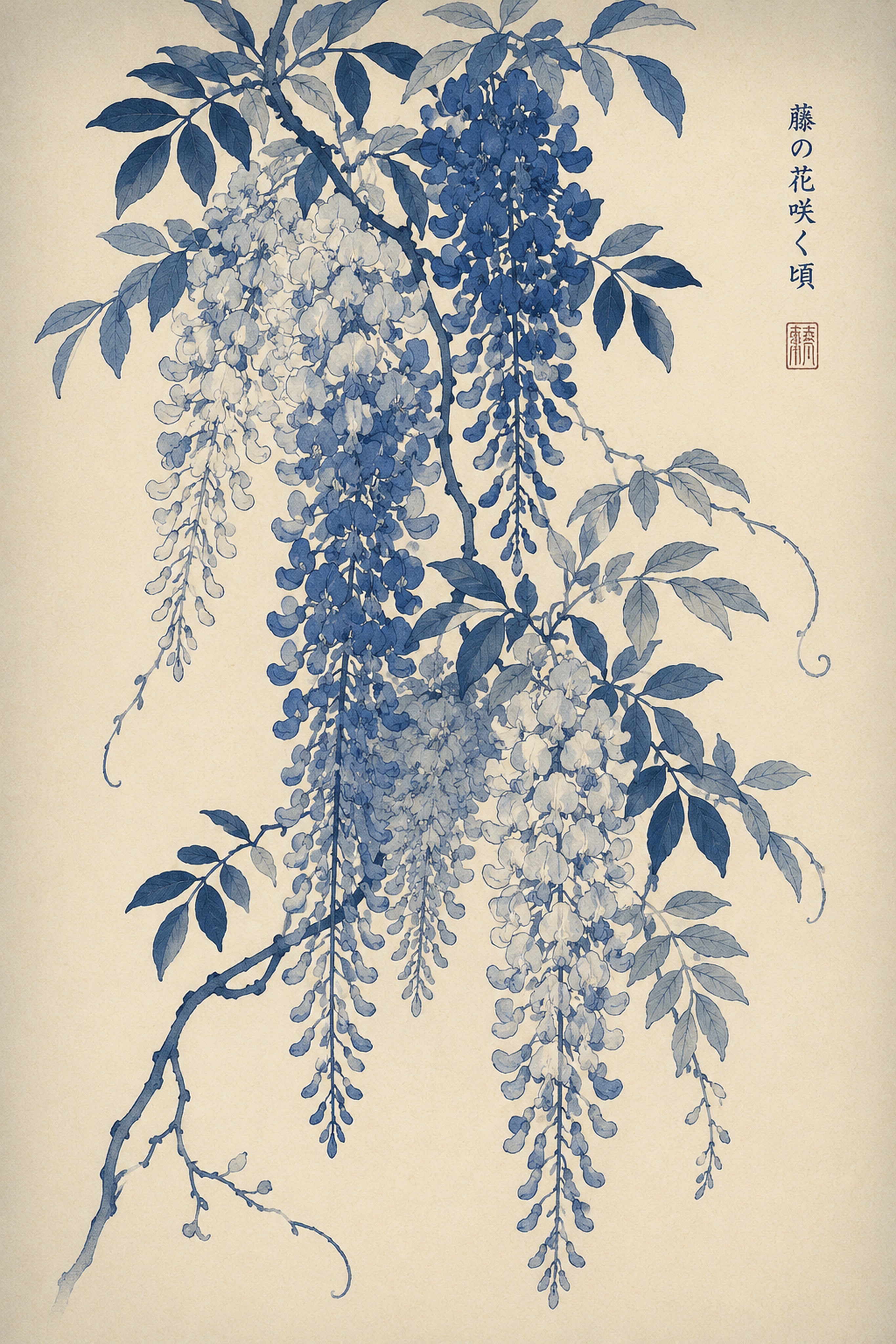 Wisteria Bloom Japan Wall Art, Pink & Blue Serene Botanical Poster, Japanese Floral Decor in Multiple Sizes