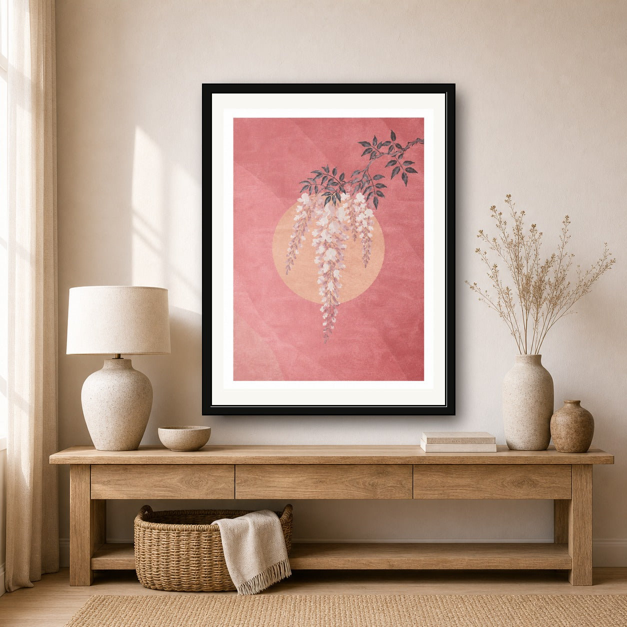 Wisteria & Sunset Poster, Japanese Floral Wall Art, Serene Pink and Gold Decor in Multiple Sizes - corrected 3x4 room mockup