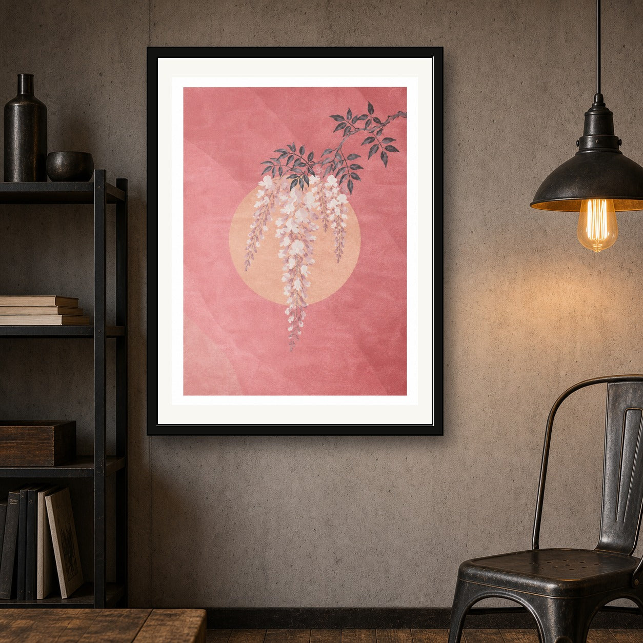Wisteria & Sunset Poster, Japanese Floral Wall Art, Serene Pink and Gold Decor in Multiple Sizes - corrected 3x4 room mockup