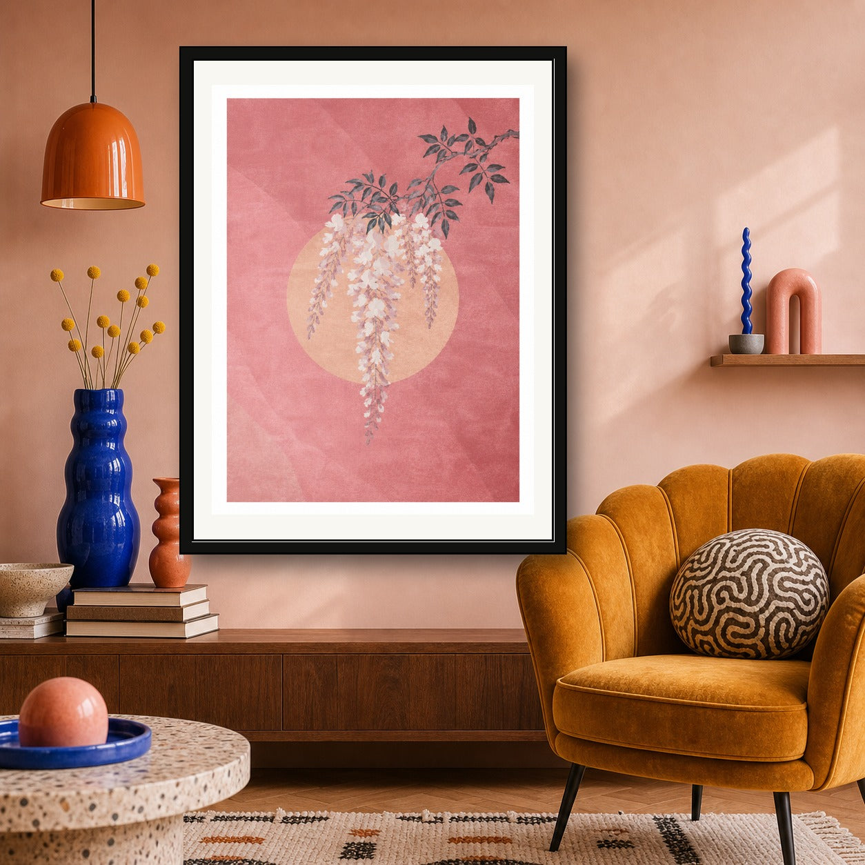 Wisteria & Sunset Poster, Japanese Floral Wall Art, Serene Pink and Gold Decor in Multiple Sizes - corrected 3x4 room mockup