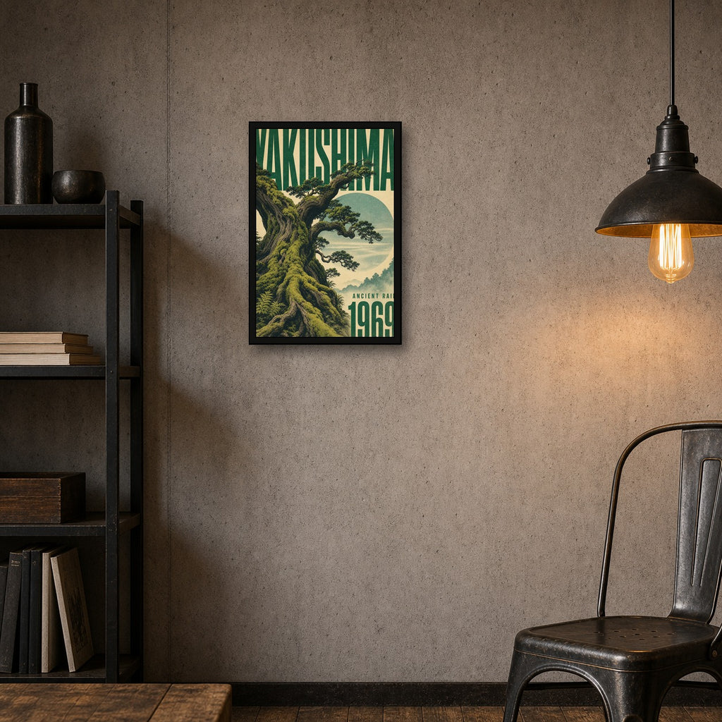 Yakushima Ancient Rain Poster, Retro Japanese Forest Wall Art Print - 2x3 room mockup